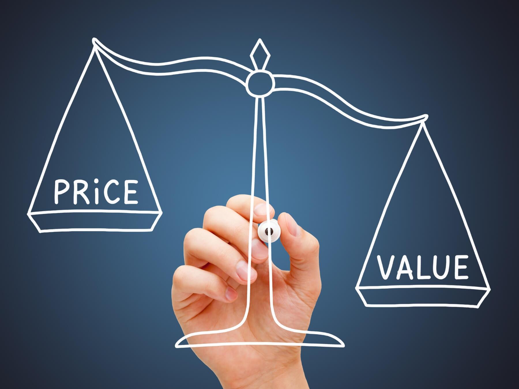 Scales showing the balance between price and value.